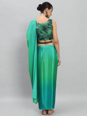 Green plain satin designer saree with blouse piece 4