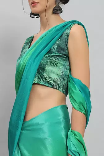 Green plain satin designer saree with blouse piece