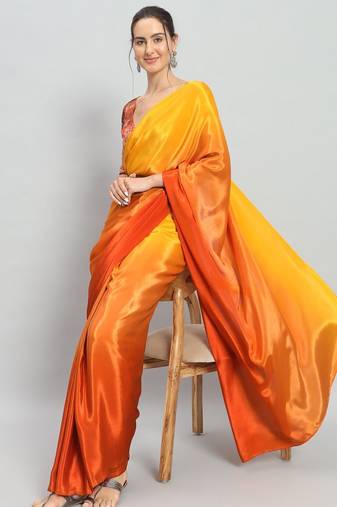 Yellow plain satin designer saree with blouse piece