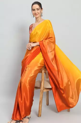 Yellow plain satin designer saree with blouse piece