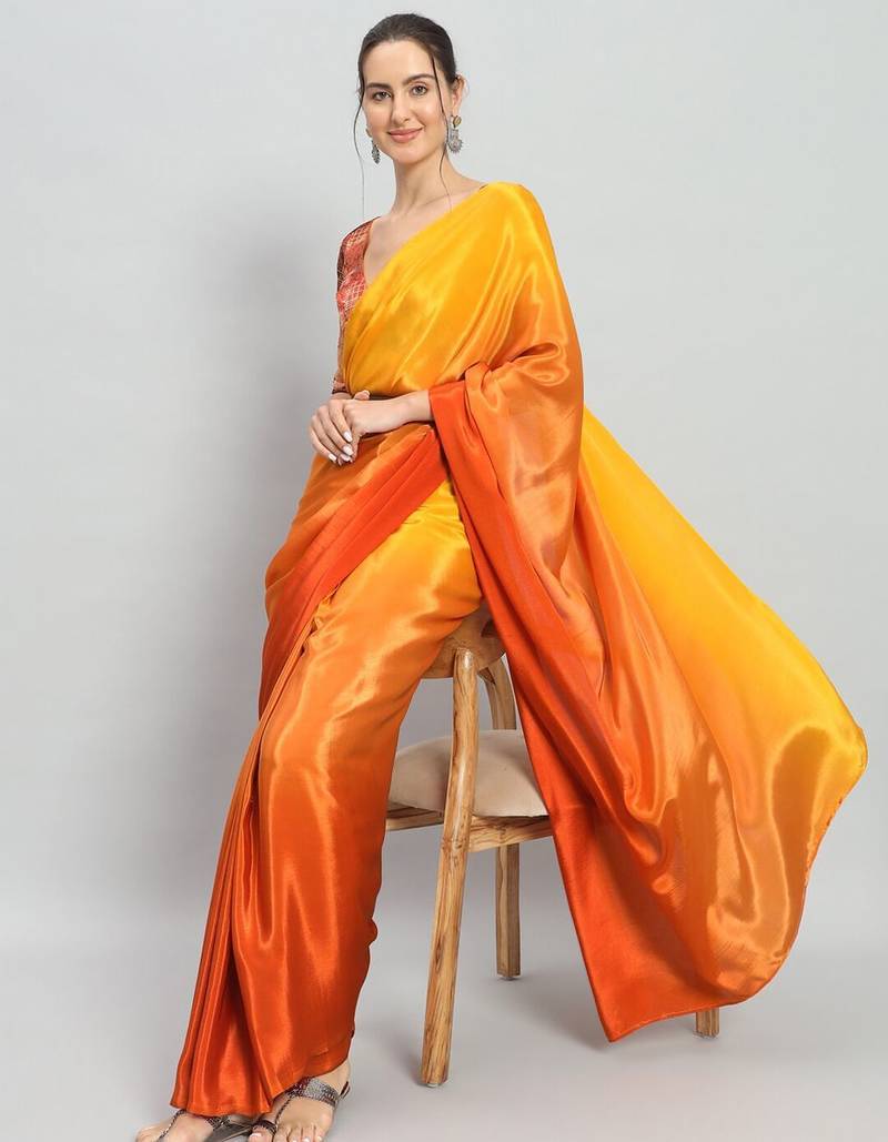 Yellow plain satin designer saree with blouse piece