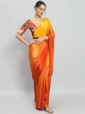 Yellow plain satin designer saree with blouse piece 2