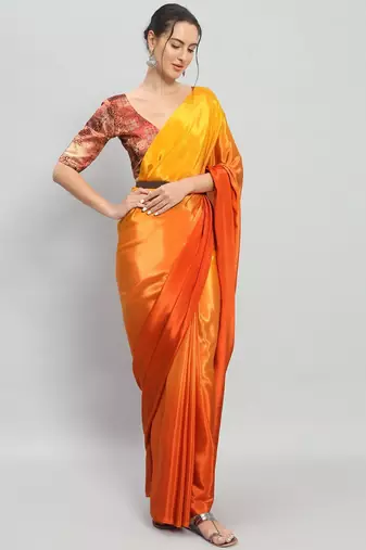 Yellow plain satin designer saree with blouse piece