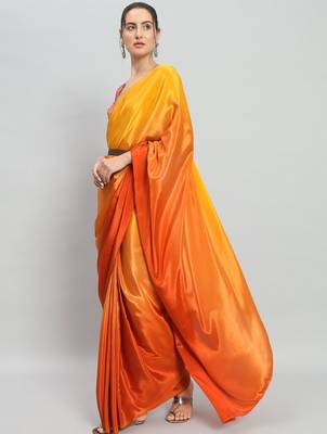 Yellow plain satin designer saree with blouse piece 3
