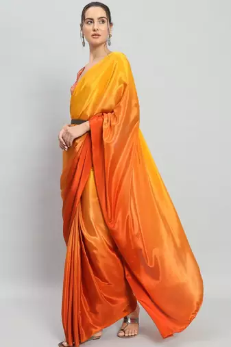Yellow plain satin designer saree with blouse piece