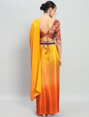 Yellow plain satin designer saree with blouse piece 4