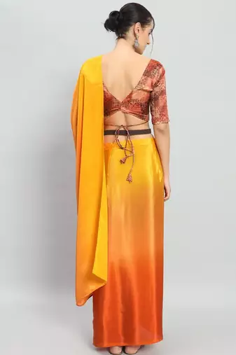 Yellow plain satin designer saree with blouse piece