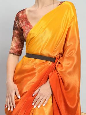 Yellow plain satin designer saree with blouse piece 5