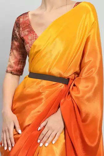 Yellow plain satin designer saree with blouse piece