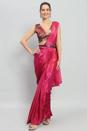 Pink plain satin designer saree with blouse piece