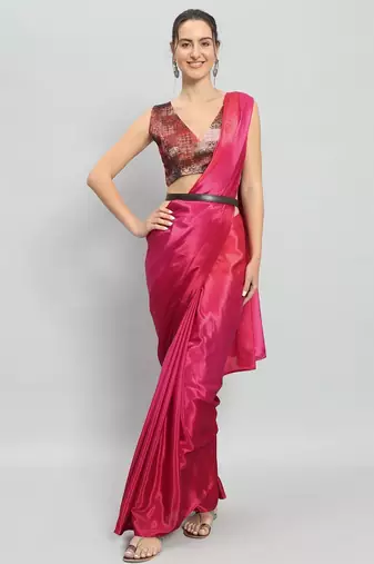 Pink plain satin designer saree with blouse piece