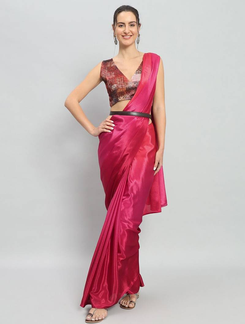 Pink plain satin designer saree with blouse piece