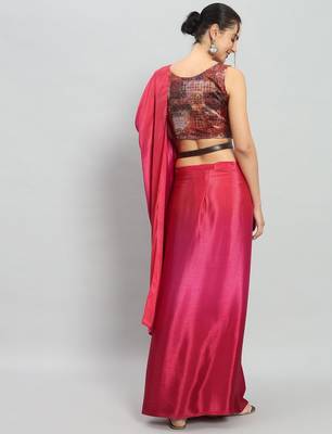 Pink plain satin designer saree with blouse piece 2