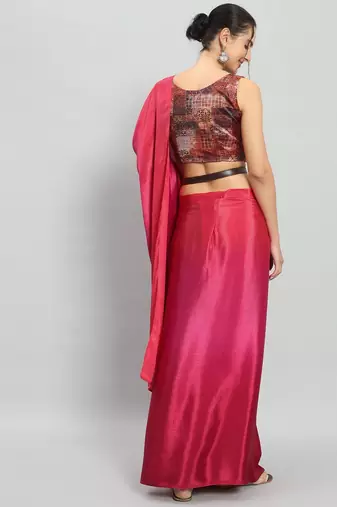 Pink plain satin designer saree with blouse piece