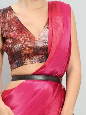 Pink plain satin designer saree with blouse piece 4