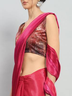 Pink plain satin designer saree with blouse piece 5