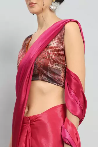 Pink plain satin designer saree with blouse piece