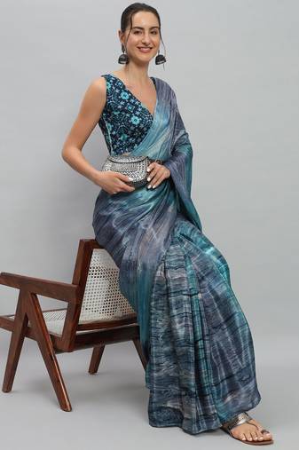 Blue printed satin fashion saree with blouse piece