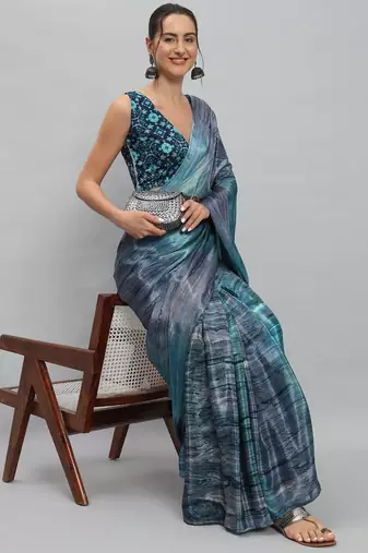 Blue printed satin fashion saree with blouse piece