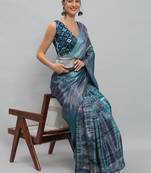 Blue printed satin fashion saree with blouse piece