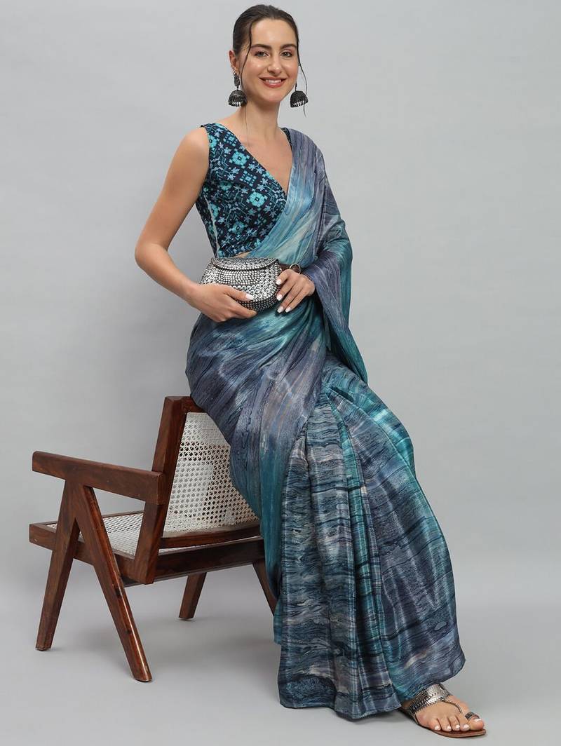 Blue printed satin fashion saree with blouse piece
