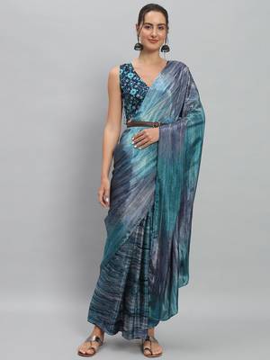 Blue printed satin fashion saree with blouse piece 2