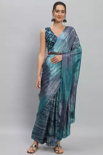 Blue printed satin fashion saree with blouse piece