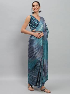 Blue printed satin fashion saree with blouse piece 3