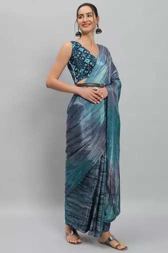 Blue printed satin fashion saree with blouse piece