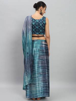 Blue printed satin fashion saree with blouse piece 4