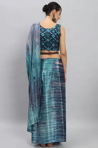 Blue printed satin fashion saree with blouse piece