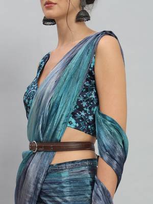 Blue printed satin fashion saree with blouse piece 5