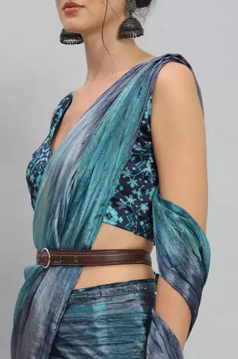 Blue printed satin fashion saree with blouse piece
