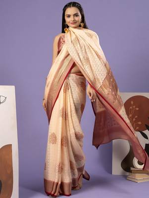 Maroon printed brasso casual saree with blouse piece 3