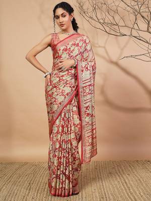 Pink printed brasso casual saree with blouse piece 1