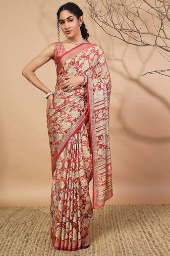 Pink printed brasso casual saree with blouse piece