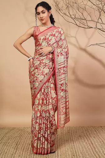 Pink printed brasso casual saree with blouse piece