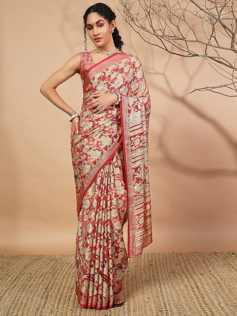 Pink printed brasso casual saree with blouse piece