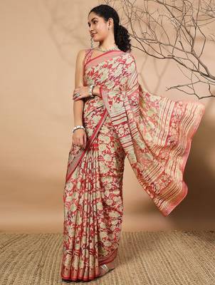 Pink printed brasso casual saree with blouse piece 2