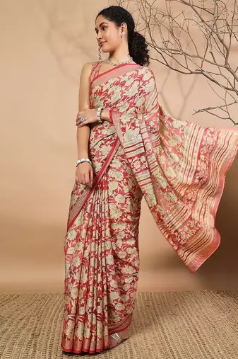 Pink printed brasso casual saree with blouse piece