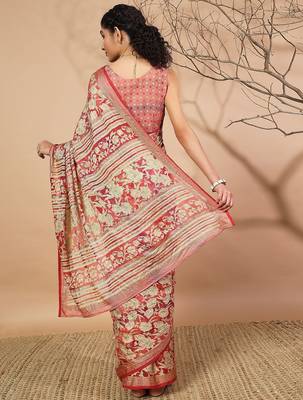 Pink printed brasso casual saree with blouse piece 3