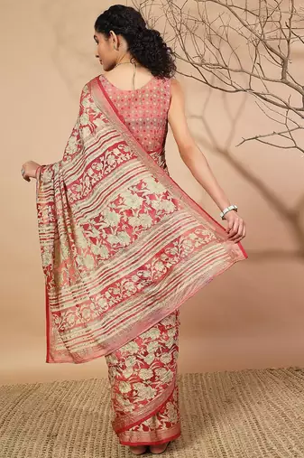 Pink printed brasso casual saree with blouse piece
