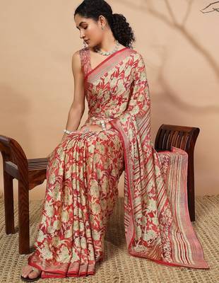 Pink printed brasso casual saree with blouse piece 4