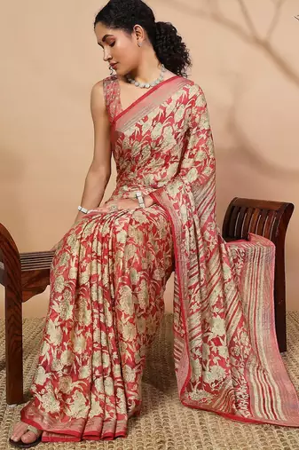 Pink printed brasso casual saree with blouse piece