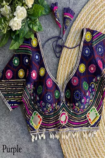 Women's purple real mirror work navratri blouse | heavy beads embroidered italian silk choli