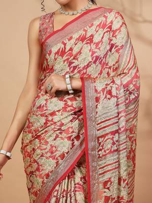 Pink printed brasso casual saree with blouse piece 5