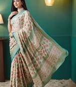 Cream printed brasso casual saree with blouse piece