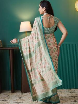 Cream printed brasso casual saree with blouse piece 2