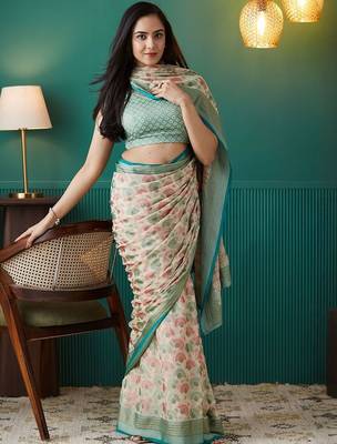 Cream printed brasso casual saree with blouse piece 3
