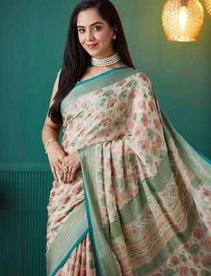 Cream printed brasso casual saree with blouse piece 5